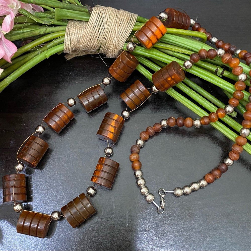 Vintage Cherry Amber Bakelite? Barrel Beaded 34” Long Necklace